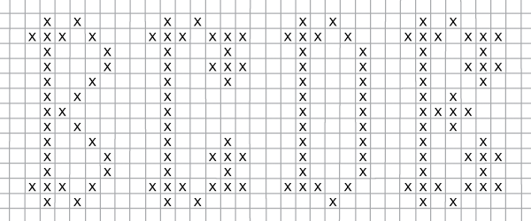 A screenshot of graphpaper with Xs inside the graph squares, which shows you where to stitch for each letter of a cross stitch alphabet. The letters are kind of gothic-y looking, thin with fancy serifs.